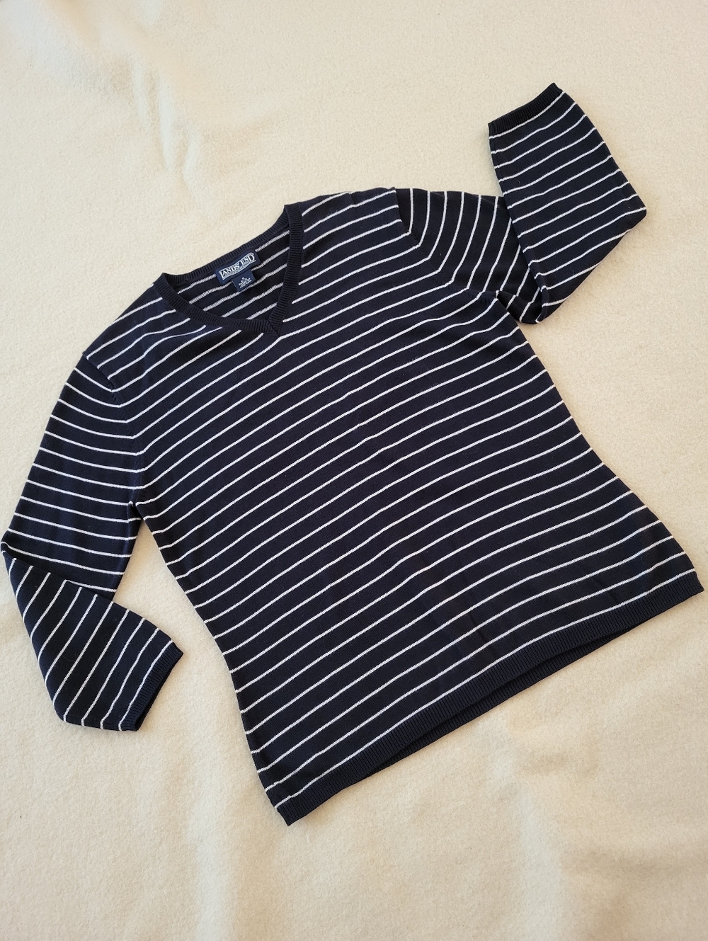 Lands End Navy Blue White Stripe Knit 3/4 sleeve Pullover Women's Size Small